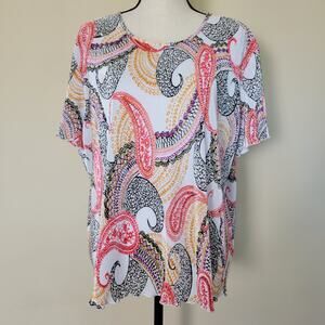 Alfred Dunner L Ribbed Pleated Short Cap Sleeve Paisley Top Pullover Scoop Neck
